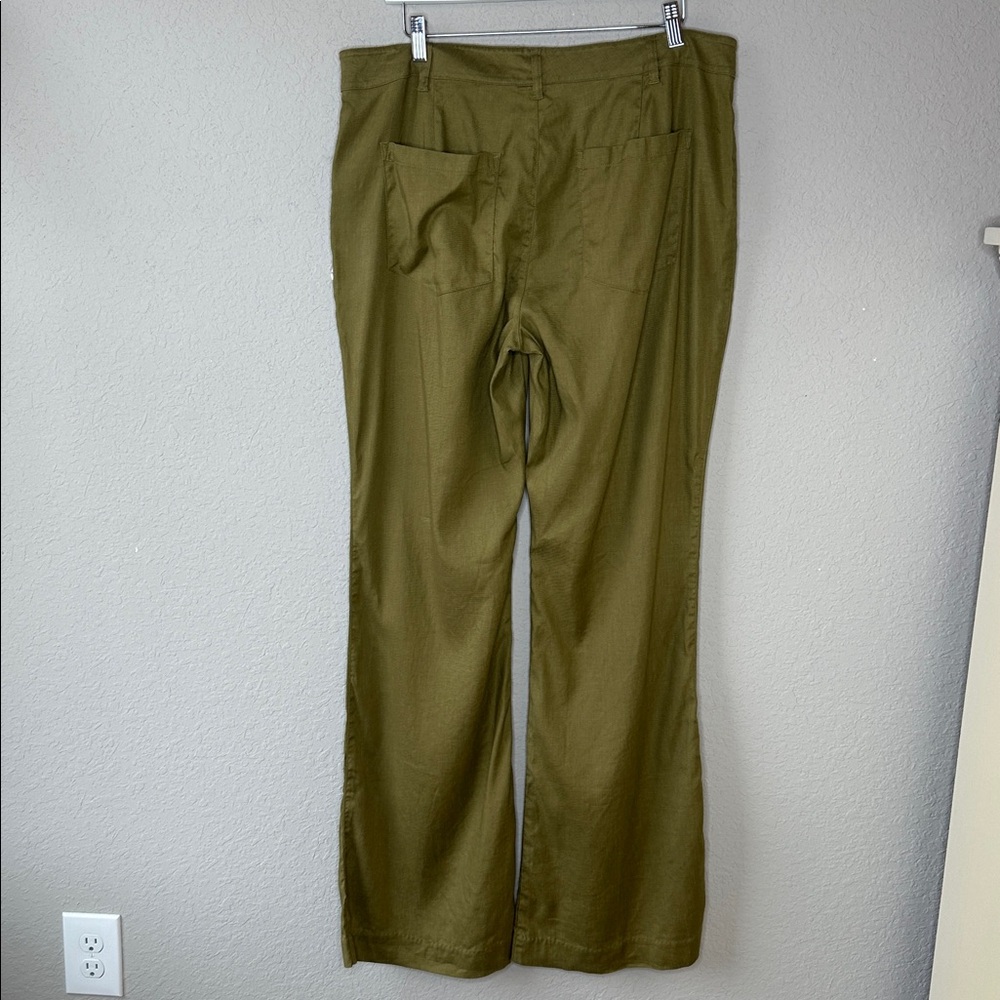 Cabi Women's‎ Linen Blend Charlie Trouser Size 14 Olive Green Flared Pant #5314L - Picture 7 of 16